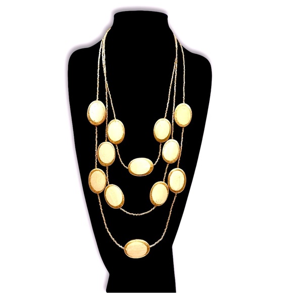 CHICO’s Gold & Cream Wood Oval Layered Station Necklace | NWT $99 - Picture 1 of 11